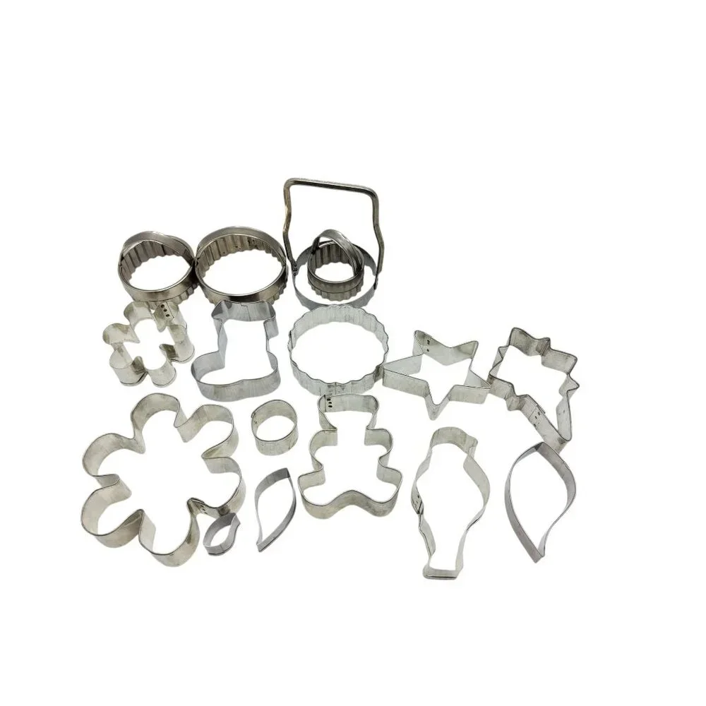 vintage set of 16 aluminum regular, holiday cookie cutters